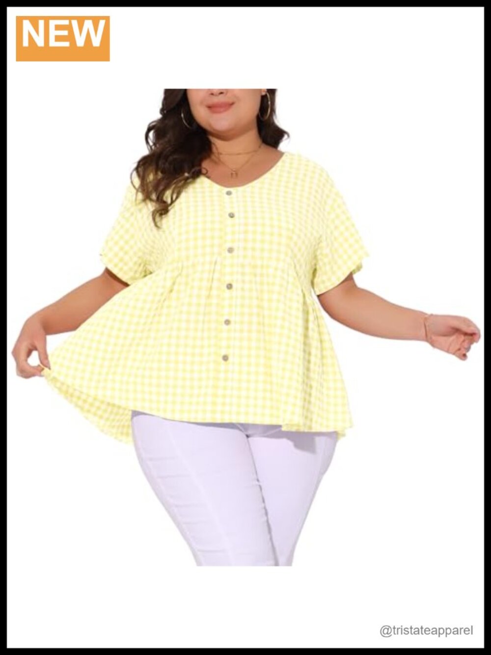 Plus Size Gingham Peplum Blouse V-Neck Short Sleeve 1950s Retro 1X
